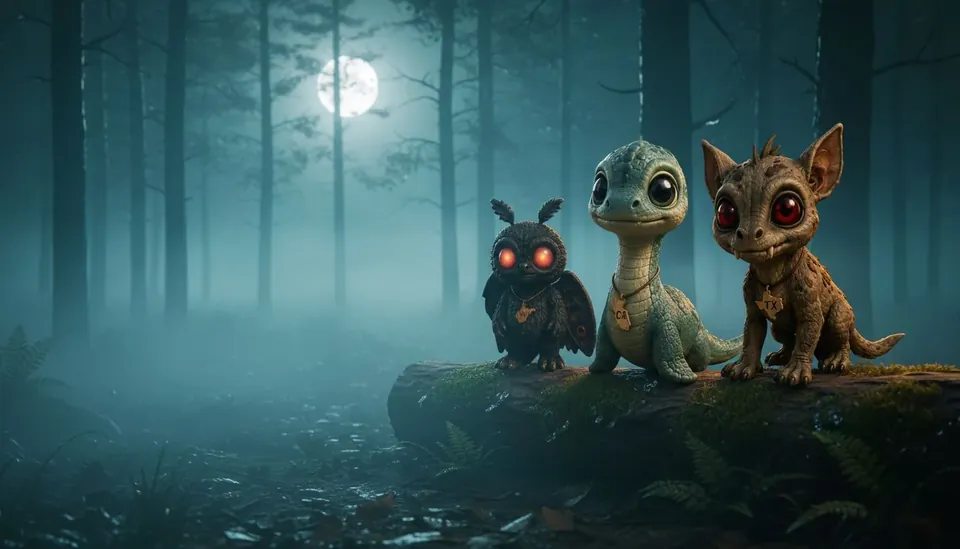 Mothman, Tessie and Chupacabra collectible figures on a mossy log in a moonlit forest